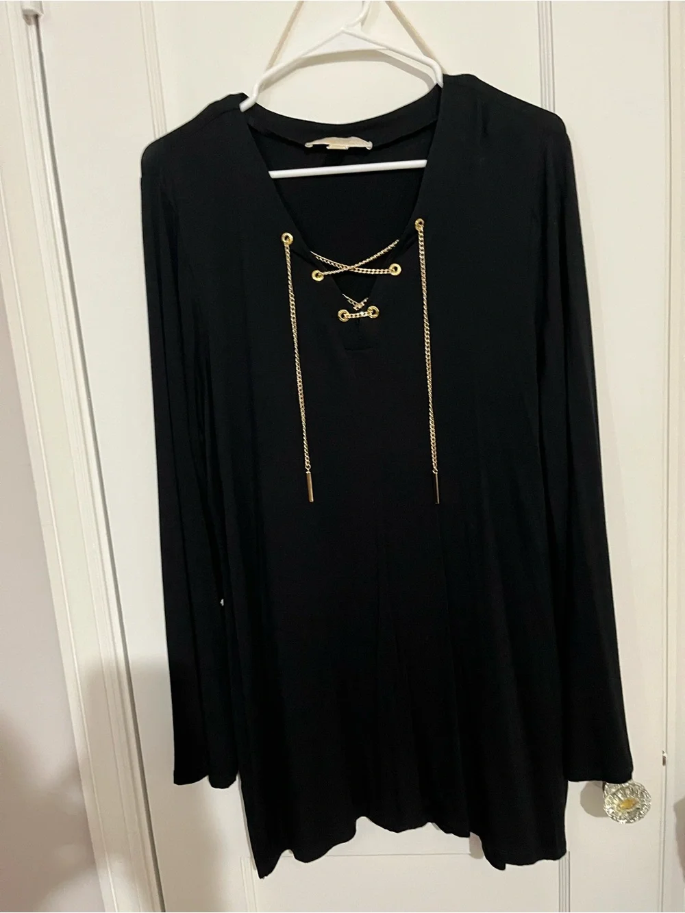Michael Kors Black Long-Sleeve V-Neck Dress with Gold Chain Accents